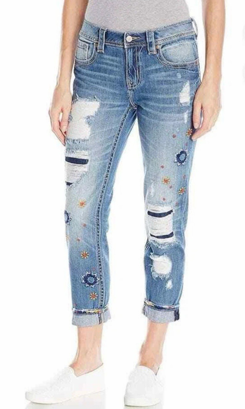 Miss Me Boyfriend Jeans Womens 29 Embroidered Ankle Distressed Casual Boho